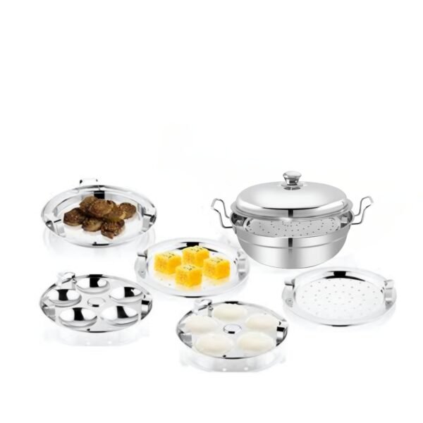 Lakshya Stainless Steel Multi Kadai Mini 5 in 1 with Idli, Dhokla and Steamer Plates – 22 cm