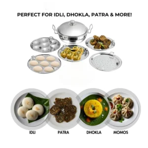 Stainless Steel Multi Kadai with 6 Plates - 29cm, 2 Idli Plates, 2 Dhokla Plates, 1 Patra & Mini Idli plate, All in one, Idli maker