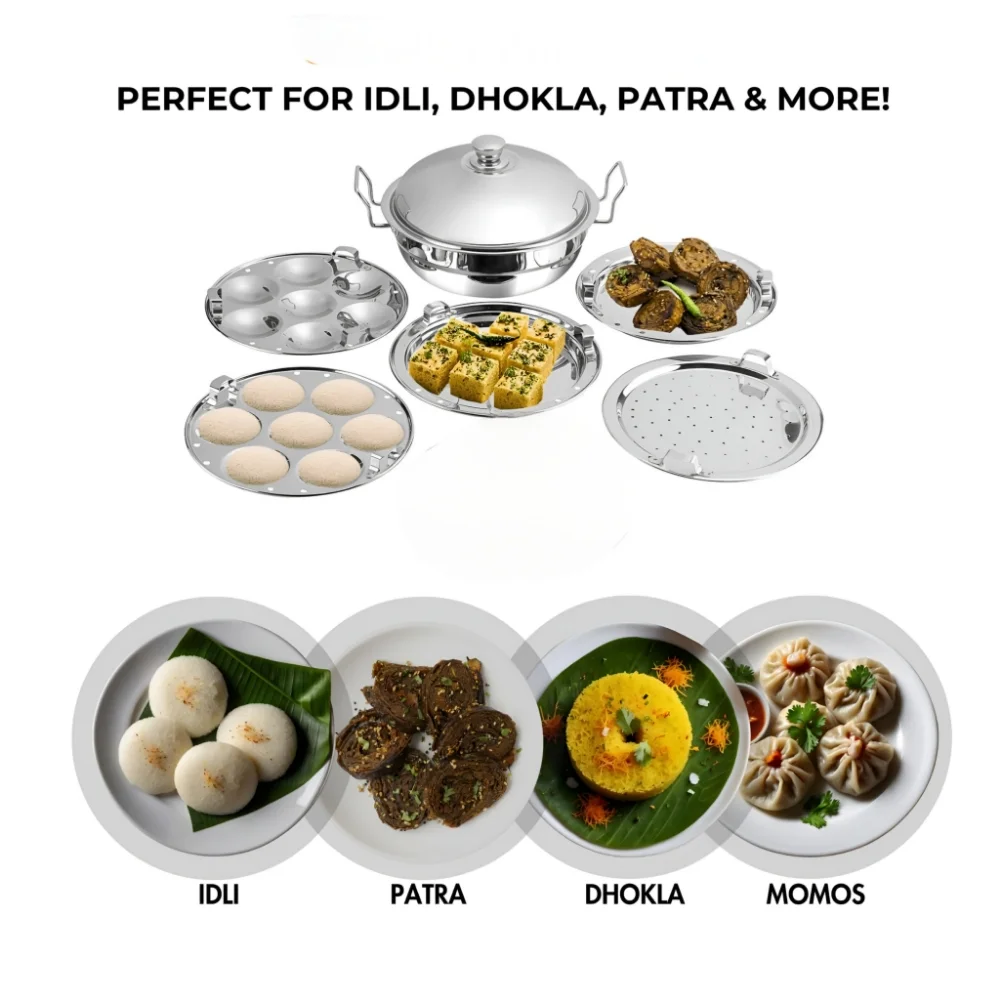 Lakshya SS Multi Kadai Regular 5 in 1 – 29 cm Stainless Steel Multi Kadai with 6 Plates - 29cm, 2 Idli Plates, 2 Dhokla Plates, 1 Patra & Mini Idli plate, All in one, Idli maker