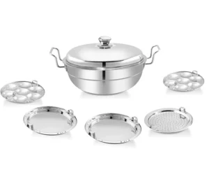 Stainless Steel Multi Kadai with 6 Plates - 29cm, 2 Idli Plates, 2 Dhokla Plates, 1 Patra & Mini Idli plate, All in one, Idli maker