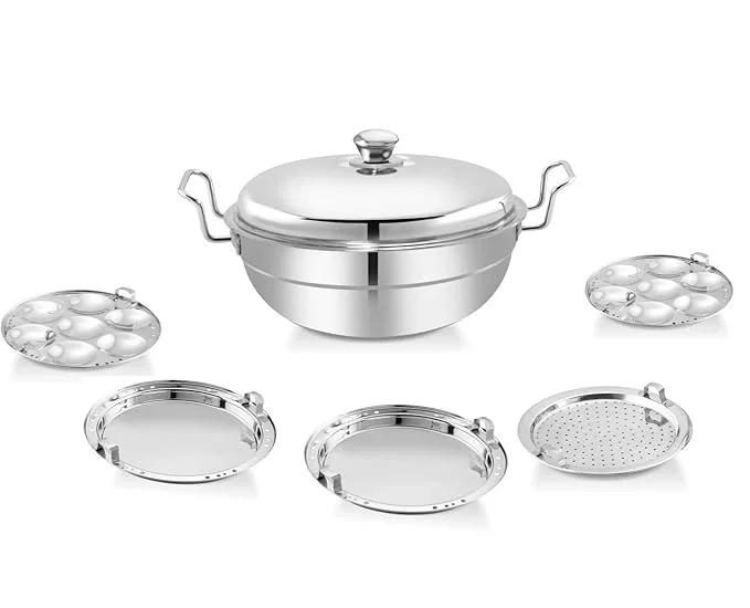 Lakshya SS Multi Kadai Regular 5 in 1 – 29 cm Stainless Steel Multi Kadai with 6 Plates - 29cm, 2 Idli Plates, 2 Dhokla Plates, 1 Patra & Mini Idli plate, All in one, Idli maker