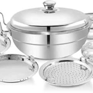 Stainless Steel Multi Kadai with 6 Plates - 28cm, 2 Idli Plates, 2 Dhokla Plates, 1 Patra & Mini Idli plate, All in one, Idli maker