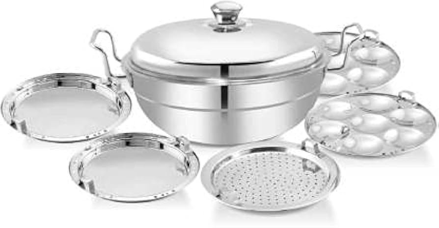 Lakshya SS Multi Kadai Regular 5 in 1 – 29 cm Stainless Steel Multi Kadai with 6 Plates - 28cm, 2 Idli Plates, 2 Dhokla Plates, 1 Patra & Mini Idli plate, All in one, Idli maker