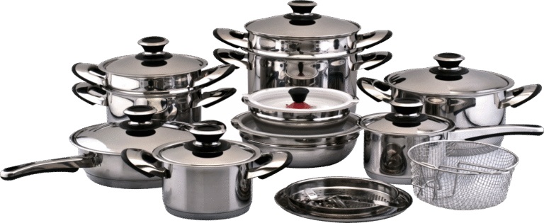 A premium collection of Lakshya Kitchenware stainless steel utensils, including thalis, plates, and cookware